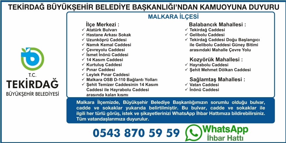 Kamuoyuna Duyuru (WhatsApp İhbar Hattı - Malkara İlçesi)